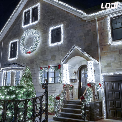 Instalatie de Craciun Liniara Lodi1435, 240 LED-uri, 8 jocuri de lumini, alimentare la priza, interior/exterior, rezistenta la apa, 50 m, alb rece