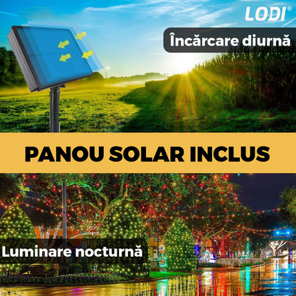 Instalatie de Craciun Liniara cu Panou Solar Lodi1458, 20 m, 8 jocuri de lumini, alimentare la priza, fir verde, interior/exterior, rezistenta la apa, 200 LED-uri, alb cald