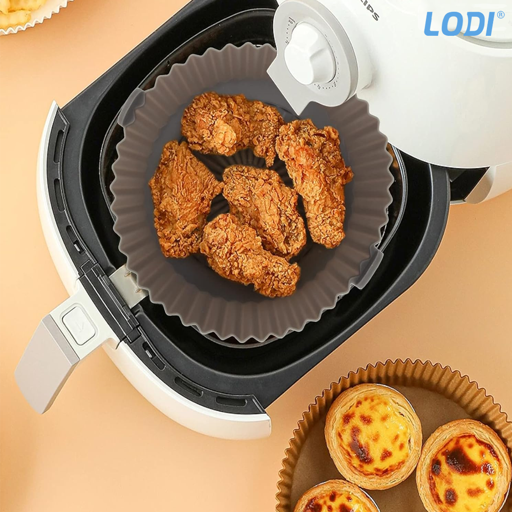 Set 4 Tavi de Copt Rotunde din Silicon Lodi988, pentru friteuza/cuptor/microunde, reutilizabile, antiaderente, rezistente la temperaturi inalte, 21 x 17 cm, multicolor