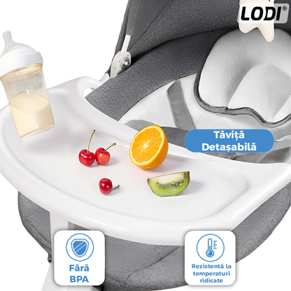 Leagan Electric Lodi986, conectivitate Bluetooth, control tactil, telecomanda, tava detasabila, acoperis rabatabil, plasa protectie tantari pentru bebelusi, jucarii, muzica, gri/alb