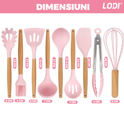 Set Ustensile Bucatarie 12 Piese Silicon Alimentar Lodi1496, termorezistente, antiaderente, sigure, suport inox, roz
