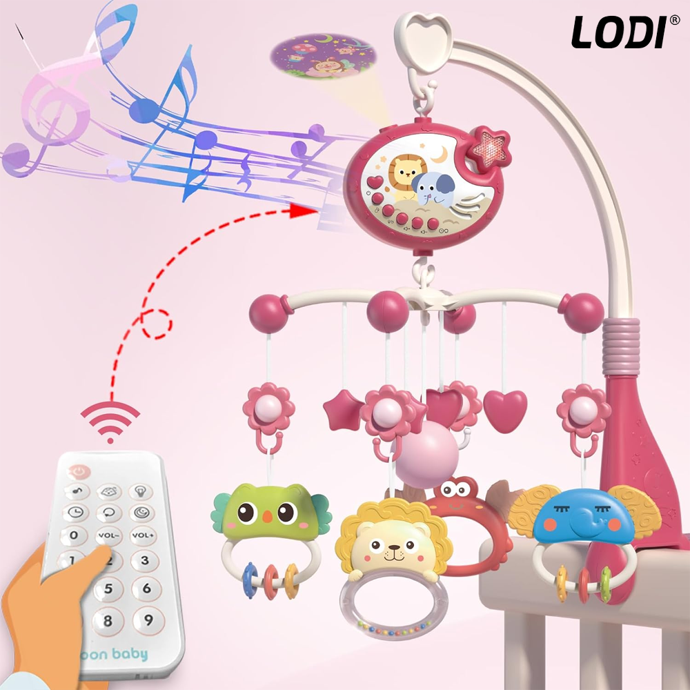 Carusel Muzical pentru Patut Lodi642, Bebe, control prin telecomanda, proiector, muzica si lumini, jucarii detasabile, rosu
