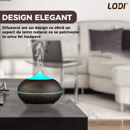 Difuzor Aromaterapie Lodi212, 7 culori LED, 2 jocuri de lumini, control prin telecomanda, capacitate 500ml, silentios, umidifica aerul, stejar inchis