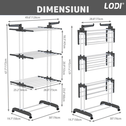 Uscator Vertical pentru Rufe si Haine Lodi1513, 3 niveluri, mobil, pliabil, pentru spatii mici, suport umerase, cadru rezistent, inaltime 175cm, negru