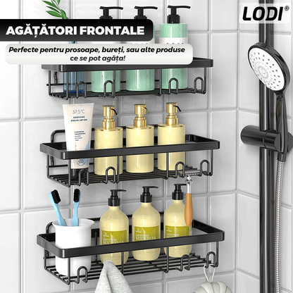 Set 2 Rafturi pentru Dus Lodi1265, depozitare si organizare, baie/bucatarie, otel inoxidabil, montare adeziva, rezistenta ridicata, cuiere incorporate, suporturi inalte, negru