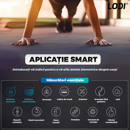 Cantar Electronic Inteligent Lodi1284, pentru baie, corporal, aplicatie smart, indicator greutate/baterie/temperatura, conectare bluetooth, afisaj digital iluminat, greutate maxima suportata 180 kg, baterii incluse,alb