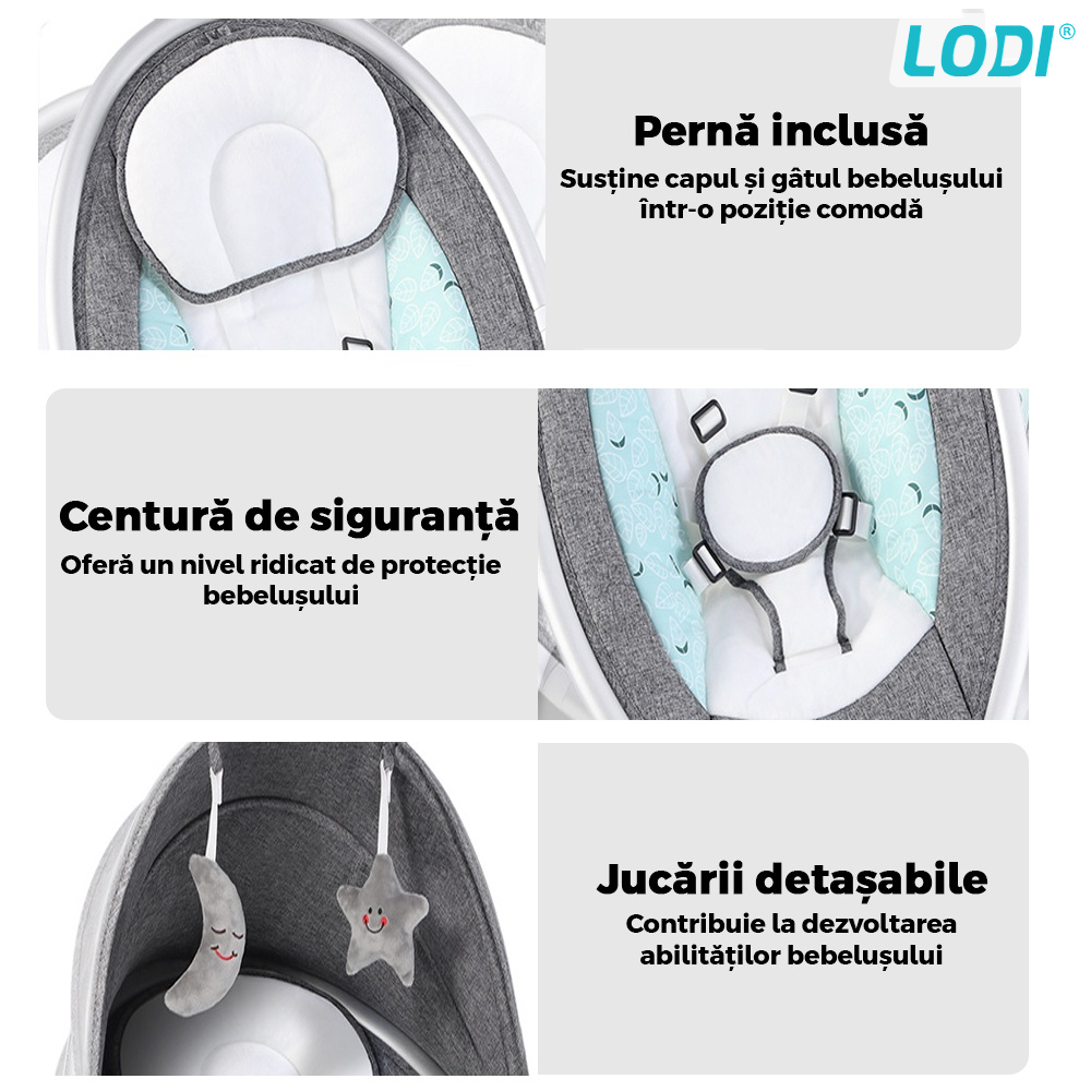 Leagan Electric Lodi123, conectivitate Bluetooth, telecomanda, plasa protectie tantari pentru bebelusi, jucarii, muzica, gri