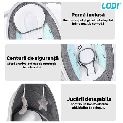 Leagan Electric Lodi123, conectivitate Bluetooth, telecomanda, plasa protectie tantari pentru bebelusi, jucarii, muzica, gri