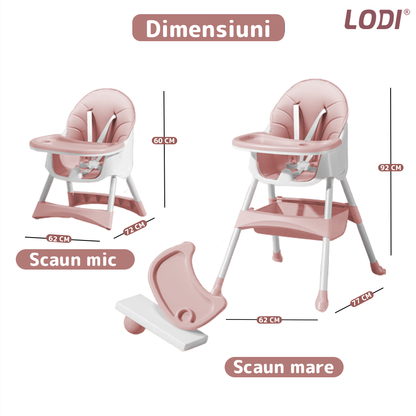 Scaun de Masa 3in1 pentru Bebelusi si Copii Lodi635, inaltime ajustabila, centura de siguranta in 5 puncte, tavita reglabila si detasabila, loc depozitare jucarii, roz pudrat