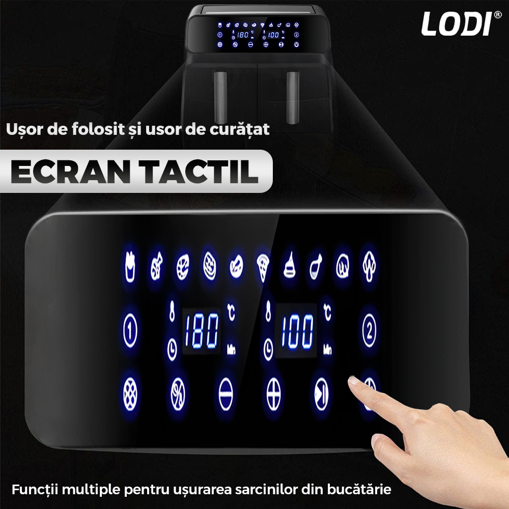 Friteuza Dubla Fara Ulei Air Fryer Lodi855, 100 tavi de copt cadou,tehnologie smart sensing, programe smart chef automate, afisaj digital, capacitate 8 L, tehnologie de eliminare a grasimii, functie de pastrare la cald,tensiune alimentare 220-240 V, negru