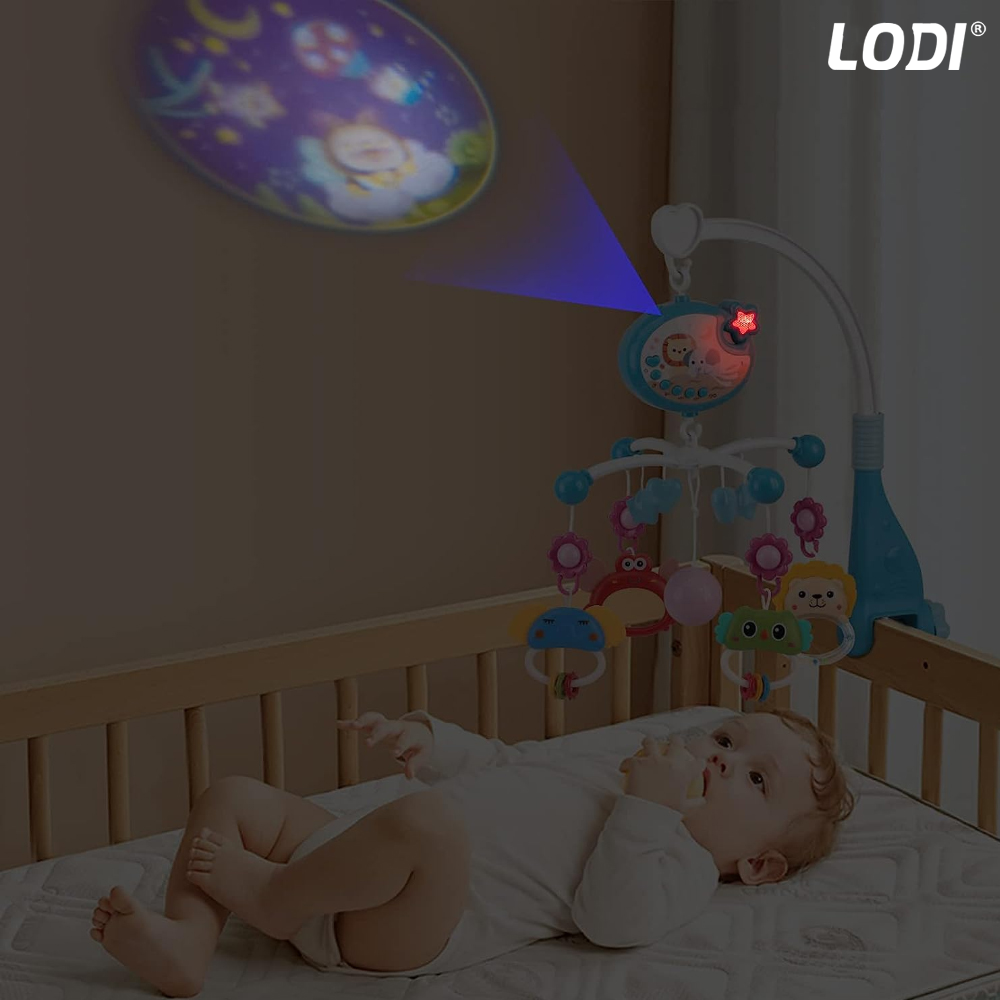Carusel Muzical pentru Patut Lodi137, Bebe, control prin telecomanda, proiector, muzica si lumini, jucarii detasabile, multicolor