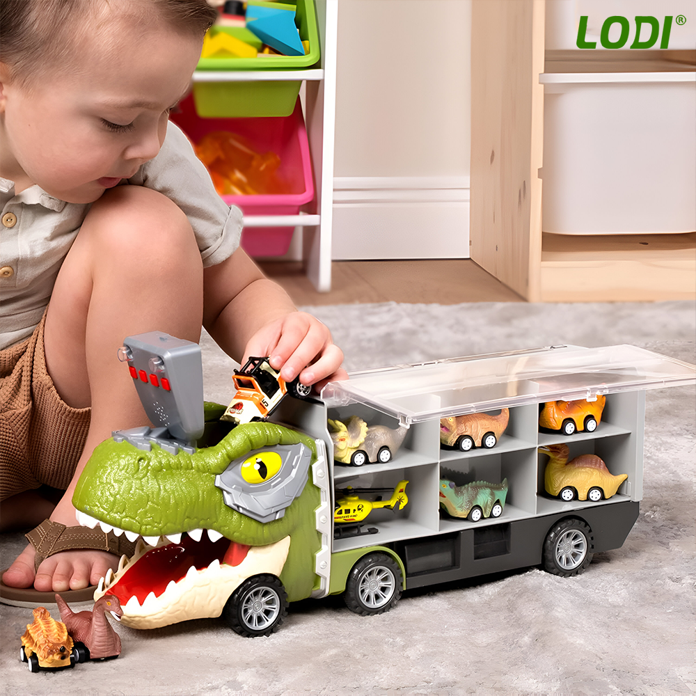 Set Camion Trailer de Jucarie pentru Transport Lodi1168, T-REX, 12 vehicule incluse, masina, barca, elicopter, accesorii mobile, lansator si rampa frontala, platforma tractare, verde deschis