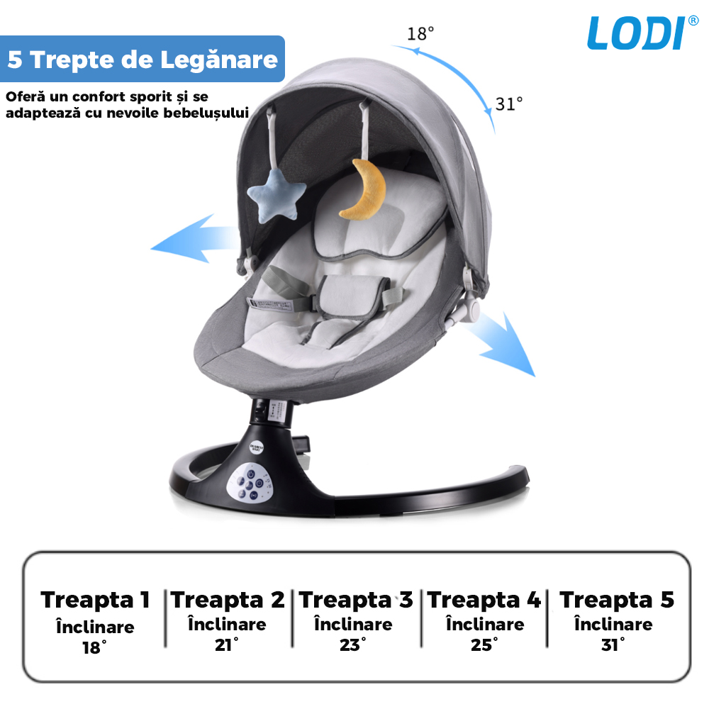 Leagan Electric Lodi122, conectivitate Bluetooth, telecomanda, tava detasabila, acoperis rabatabil, plasa protectie tantari pentru bebelusi, jucarii, muzica, gri