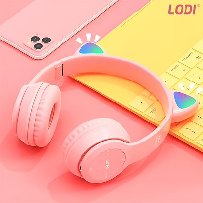 Casti Wireless Model Pisica Lodi951, P47M, overear, urechi de pisica cu iluminare RGB, bluetooth 5.0, handsfree, HiFi, bass stereo, roz