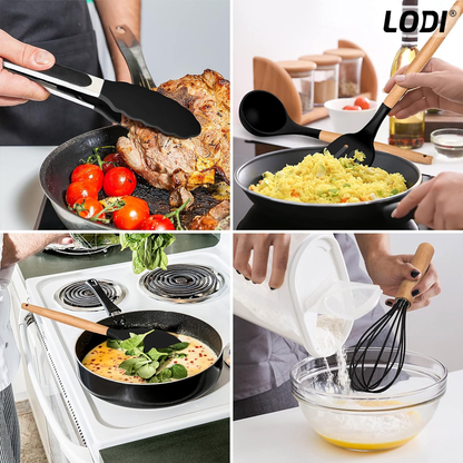 Set Ustensile Bucatarie 12 Piese Silicon Alimentar Lodi622, termorezistente, antiaderente, sigure, suport inox, negru