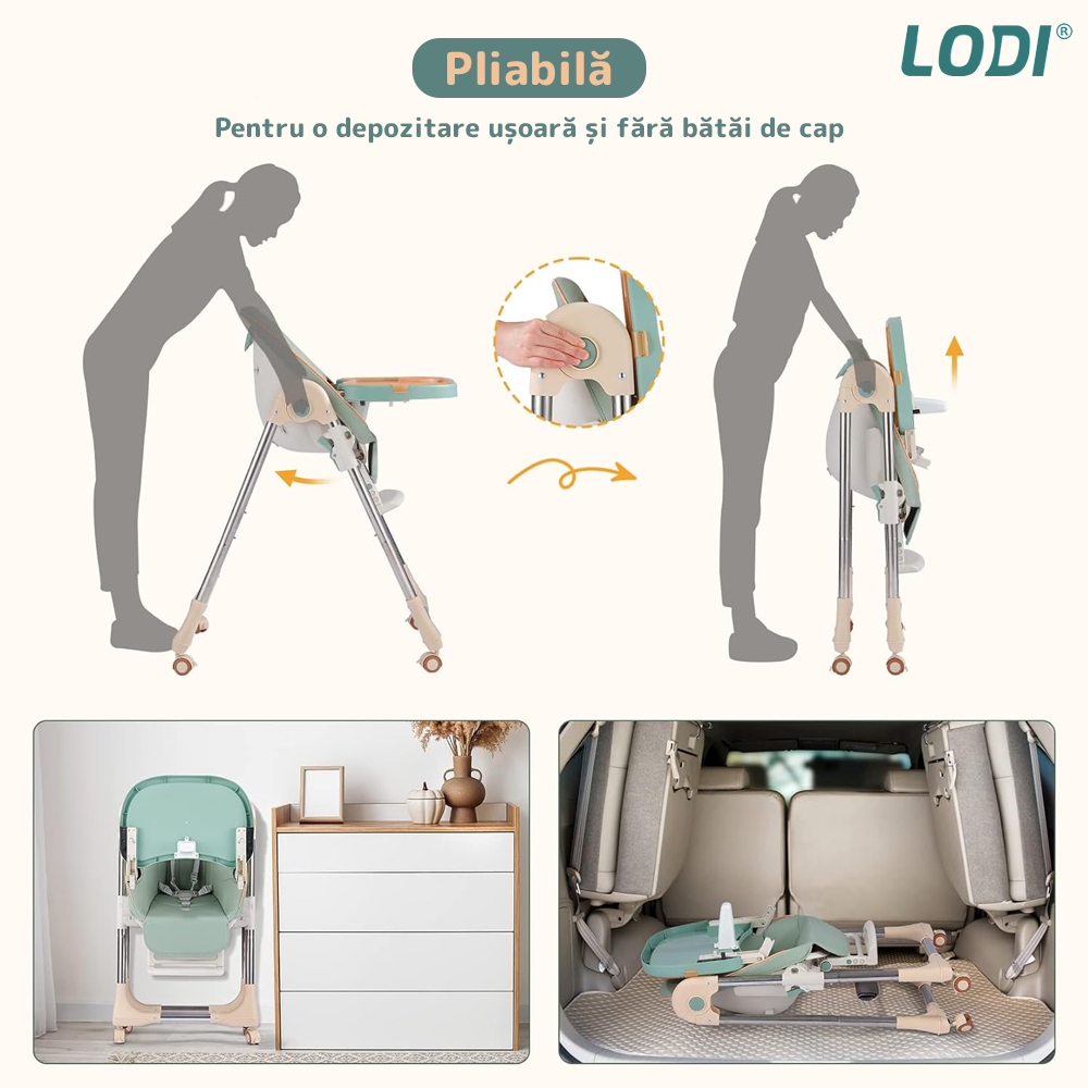 Scaun de Masa 3in1 pentru Bebelusi si Copii Lodi633, inaltime ajustabila, centura de siguranta in 5 puncte, tavita reglabila si detasabila, roti cu frana incorporata, verde smarald