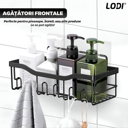 Set 5 Rafturi pentru Dus Lodi1264, depozitare si organizare, baie/bucatarie, otel inoxidabil, montare adeziva, rezistenta ridicata, cuiere incorporate, suporturi inalte, negru