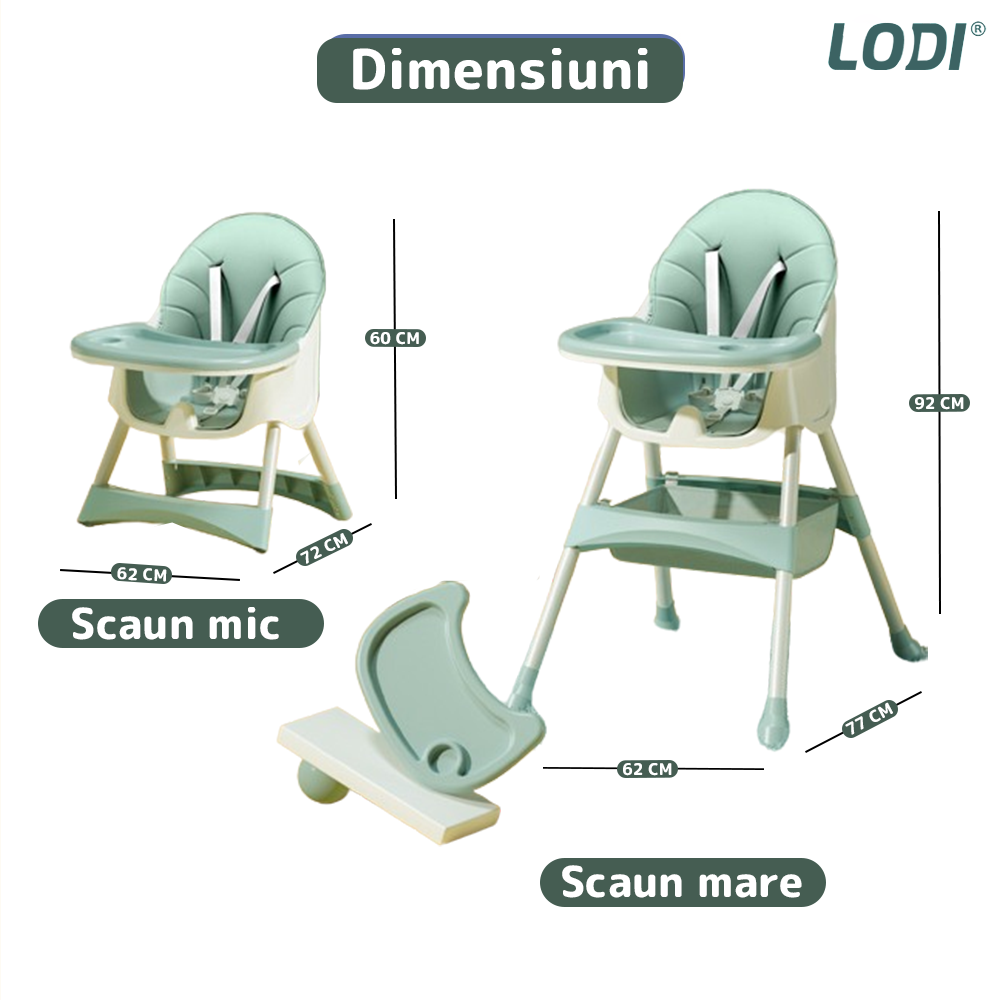 Scaun de Masa 3in1 pentru Bebelusi si Copii Lodi634, inaltime ajustabila, centura de siguranta in 5 puncte, tavita reglabila si detasabila, loc depozitare jucarii, verde turcoaz