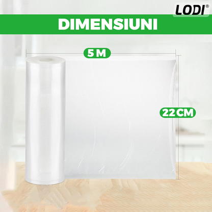 Set de Role Folii pentru Vidat Universale Lodi, 5m x 22cm, compatibile cu orice aparat de vidat, gofrate, reutilizabile, rezistente la caldura, transparente