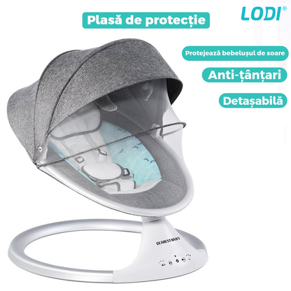 Leagan Electric Lodi123, conectivitate Bluetooth, telecomanda, plasa protectie tantari pentru bebelusi, jucarii, muzica, gri