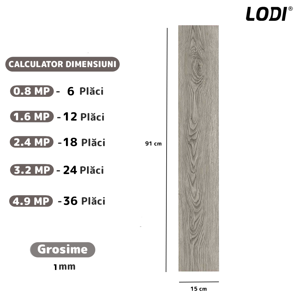 Set 36 Placi de Pardoseala Autoadezive Tip Parchet Lodi600, durabile, adeziv puternic,  PVC, 914.4mm x152.4mm, mm 4.9 m²/box, gri dungi