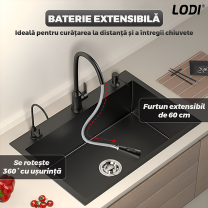 Chiuveta Multifunctionala pentru Bucatarie Lodi1218, materiale premium, baterie extensibila cu furtun de 60 de cm, rotire 360°, dozator de sapun inclus, scurgator de vase detasabil, adanca, usor de montat, negru mat