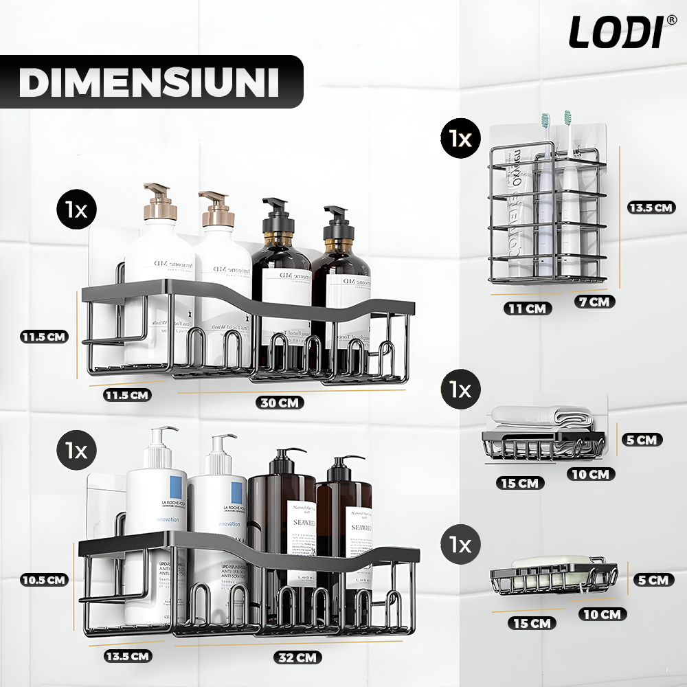 Set 5 Rafturi pentru Dus Lodi1264, depozitare si organizare, baie/bucatarie, otel inoxidabil, montare adeziva, rezistenta ridicata, cuiere incorporate, suporturi inalte, negru