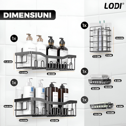Set 5 Rafturi pentru Dus Lodi1264, depozitare si organizare, baie/bucatarie, otel inoxidabil, montare adeziva, rezistenta ridicata, cuiere incorporate, suporturi inalte, negru