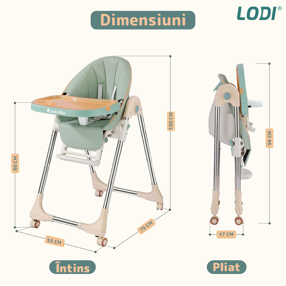 Scaun de Masa 3in1 pentru Bebelusi si Copii Lodi633, inaltime ajustabila, centura de siguranta in 5 puncte, tavita reglabila si detasabila, roti cu frana incorporata, verde smarald