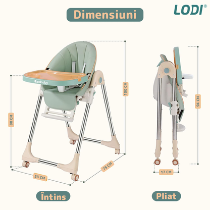 Scaun de Masa 3in1 pentru Bebelusi si Copii Lodi633, inaltime ajustabila, centura de siguranta in 5 puncte, tavita reglabila si detasabila, roti cu frana incorporata, verde smarald