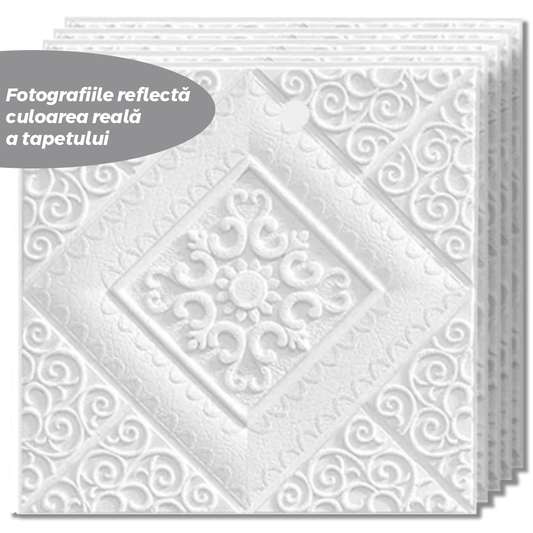 Set Tapet Mic 3D Lodi110, suprafata acoperire 3.06 mp, autoadeziv, perete/tavan, model floare, waterproof, usor de montat, design modern, 35x35 cm, alb