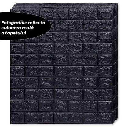 Set Tapet Caramida 3D Lodi233, suprafata acoperire 5.3 mp, autoadeziv, waterproof, usor de montat, design modern, 70x77 cm, negru