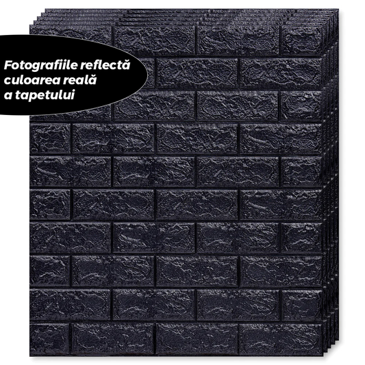 Set Tapet Caramida 3D Lodi233, suprafata acoperire 5.3 mp, autoadeziv, waterproof, usor de montat, design modern, 70x77 cm, negru