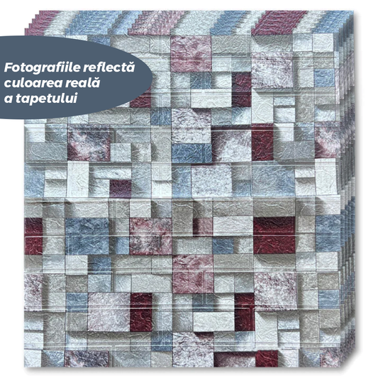 Set Tapet Caramida 3D Lodi®, Model Piatra Mozaic, autoadeziv, waterproof, usor de montat, design modern, 70x77 cm, multicolor