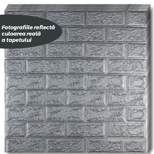 Set Tapet Caramida 3D Lodi56, suprafata acoperire 5.3 mp, autoadeziv, waterproof, usor de montat, design modern, 70x77 cm, gri