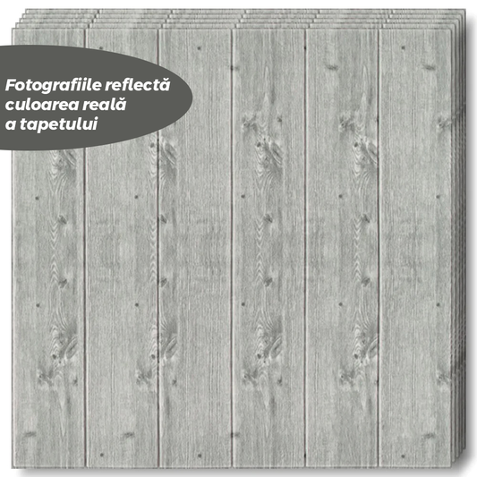 Set Tapet Panou 3D Lodi93, Model Lemn, suprafata acoperire 4.9 mp, autoadeziv, waterproof, usor de montat, design modern, 70x70 cm, gri