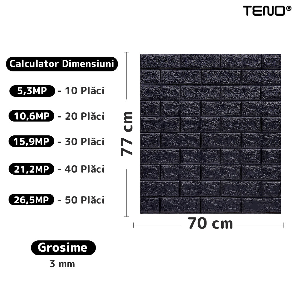 Set Tapet Caramida 3D Lodi233, suprafata acoperire 5.3 mp, autoadeziv, waterproof, usor de montat, design modern, 70x77 cm, negru