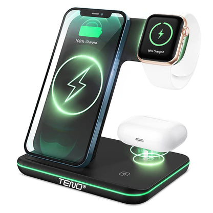 Incarcator Wireless Lodi9, Statie de Incarcare 3in1, LED indicator inteligent, Fast Charge, incarcare rapida, compatibilitate universala, negru
