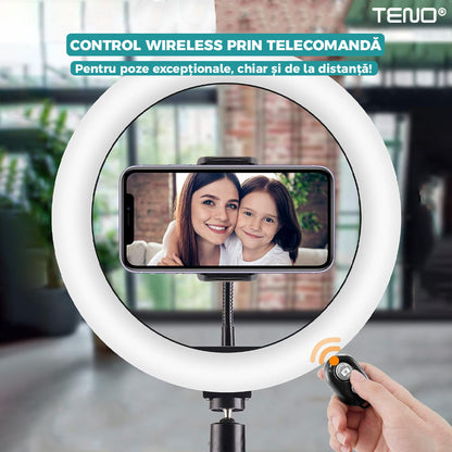 Lampa Circulara Ring Light Lodi204, Diametru 35,6cm/14 Inch, 3 moduri de lumina, 10 trepte reglaj, telecomanda si trepied 210 cm incluse, compatibilitate universala, alb