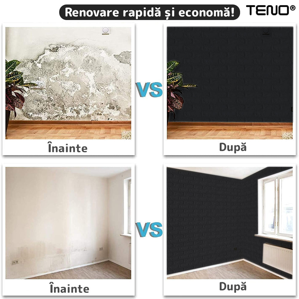 Set Tapet Caramida 3D Lodi233, suprafata acoperire 5.3 mp, autoadeziv, waterproof, usor de montat, design modern, 70x77 cm, negru