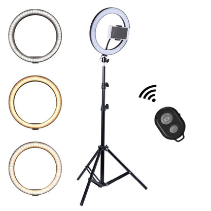 Lampa Circulara Ring Light Lodi204, Diametru 35,6cm/14 Inch, 3 moduri de lumina, 10 trepte reglaj, telecomanda si trepied 210 cm incluse, compatibilitate universala, alb