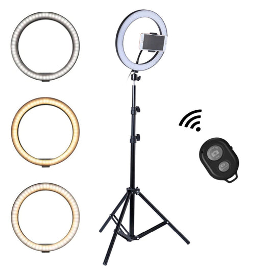 Lampa Circulara Ring Light Lodi204, Diametru 35,6cm/14 Inch, 3 moduri de lumina, 10 trepte reglaj, telecomanda si trepied 210 cm incluse, compatibilitate universala, alb